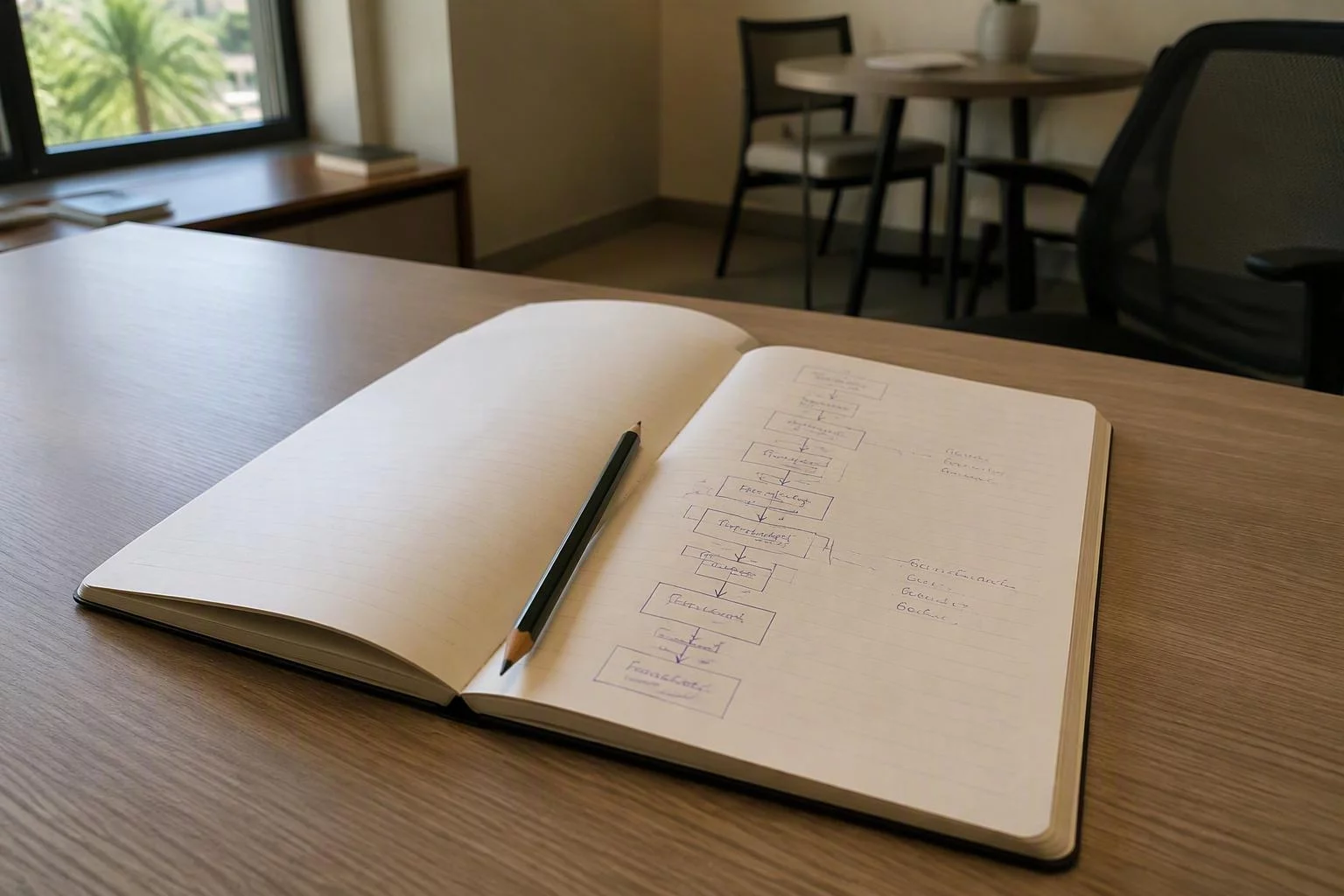 Caderno aberto com o caminho de um pedido desenhado à mão